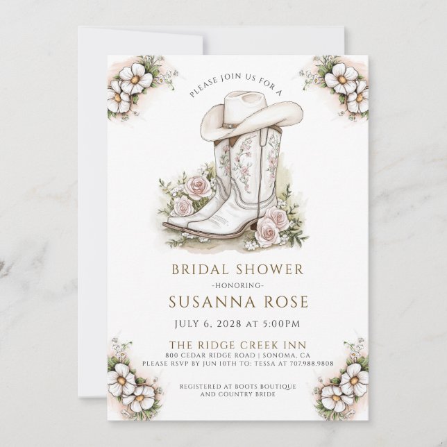 Invitation Aquarelle Floral Casquette Boots Fête des mariées (Devant)