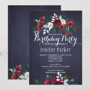 Invitation Aquarelle Floral Chic Winter Navy fête d'anniversa