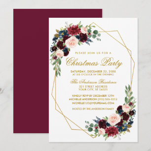 Invitation Aquarelle Floral Christmas Party Gold Frame