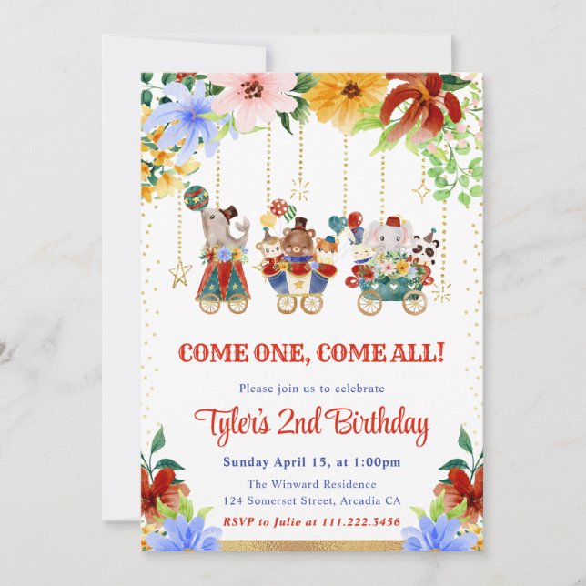 Invitation Aquarelle Floral Cirque Animaux Fête Anniversaire (Devant)
