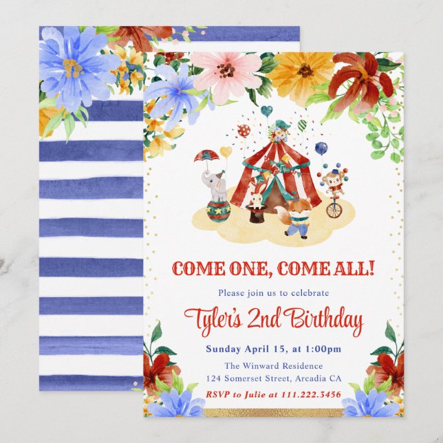 Invitation Aquarelle Floral Cirque Animaux Fête Anniversaire (Devant / Derrière)