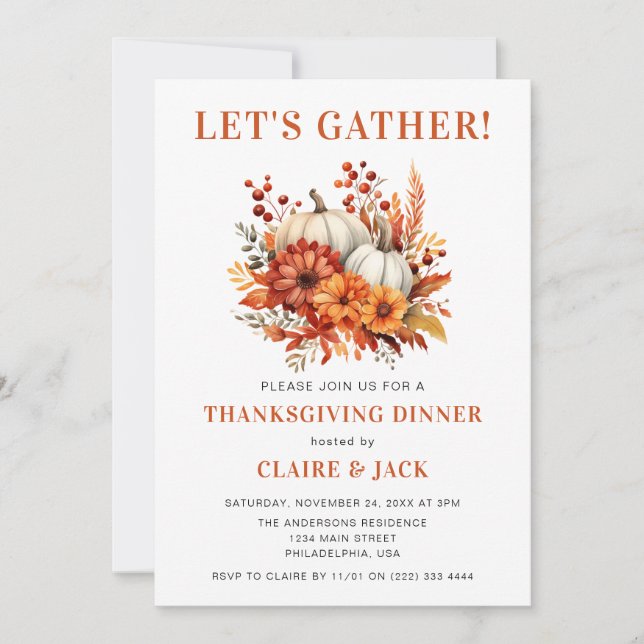 Invitation Aquarelle Floral Citrouille Thanksgiving Dîner (Devant)