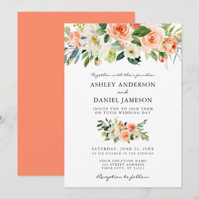 Invitation Aquarelle Floral Coral Mariage vert (Devant / Derrière)
