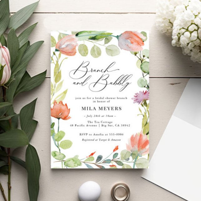 Invitation Aquarelle Floral Coral Vert Brunch Bubbly Douche (Créateur téléchargé)