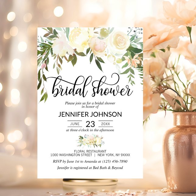 Invitation Aquarelle Floral Crème rose Fête des mariées ivoir (Watercolor Floral Pink Cream Ivory Bridal Shower Invitation)