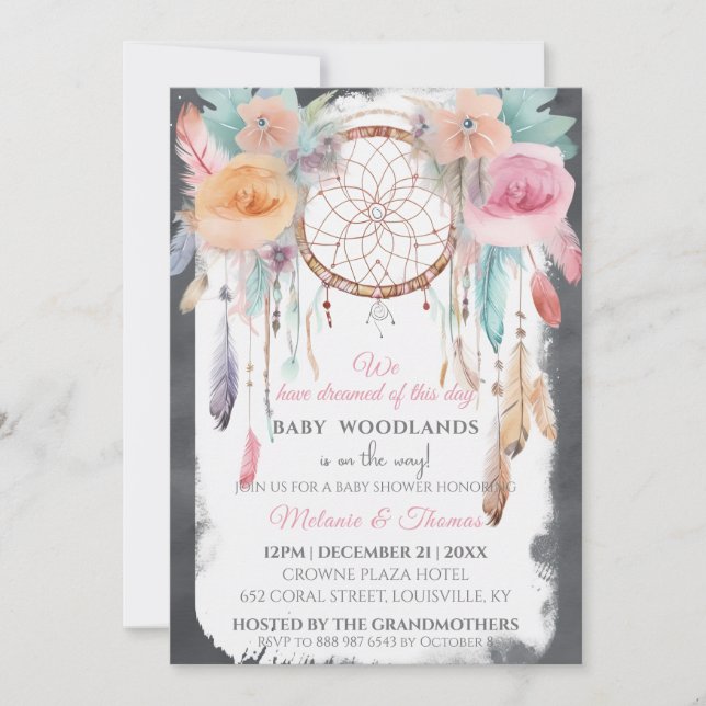 Invitation Aquarelle Floral Dreamcatcher Baby shower Boho (Devant)