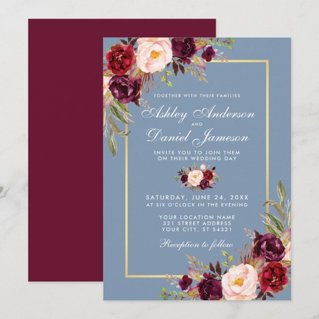 Invitation Aquarelle Floral Dusty Bleu Bourgogne Mariage (Devant / Derrière)
