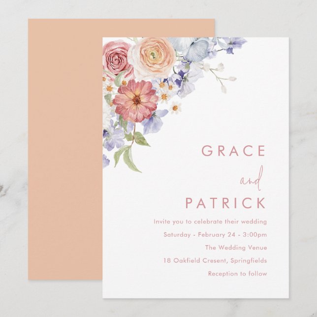 Invitation Aquarelle Floral Dusty Bleu et Mariage de pêche (Devant / Derrière)