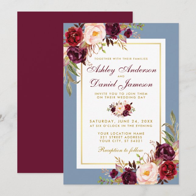Invitation Aquarelle Floral Dusty Bleu Mariage Bourgogne (Devant / Derrière)