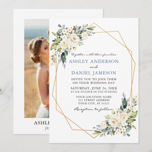 Invitation Aquarelle Floral Dusty bleu Mariage photo cadre (Devant / Derrière)