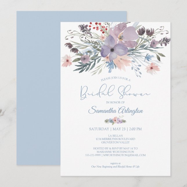 Invitation Aquarelle Floral Dusty Bleu Violet Fête des mariée (Devant / Derrière)