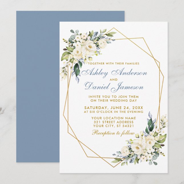 Invitation Aquarelle Floral Dusty Blue Geo Mariage cadre (Devant / Derrière)