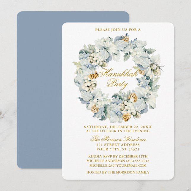 Invitation Aquarelle Floral Dusty Blue Hanoukka Party Gold (Devant / Derrière)