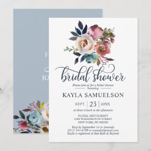 Invitation Aquarelle Floral Dusty Blue Rose Fête des mariées