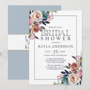 Invitation Aquarelle Floral Dusty Blue Rose Fête des mariées