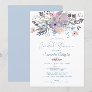 Invitation Aquarelle Floral Dusty Blue Violet Fête des mariée