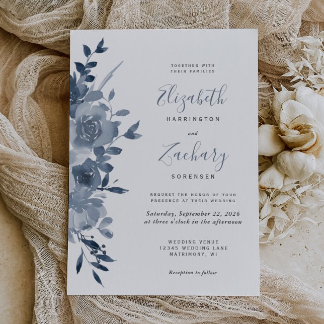 Invitation Aquarelle Floral Dusty Mariage bleu (Créateur téléchargé)