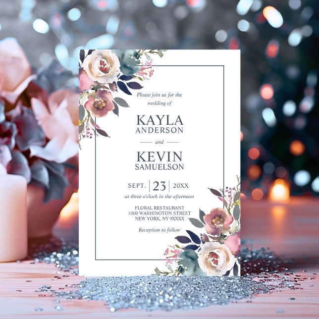 Invitation Aquarelle Floral Dusty Rose Mauve Navy bleu (Watercolor Floral Dusty Rose Mauve Navy Blue Invitation)