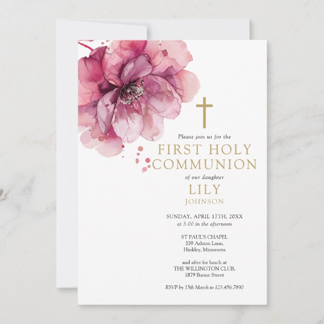 Invitation Aquarelle Floral Dusty Rose Première Sainte Commun (Devant)