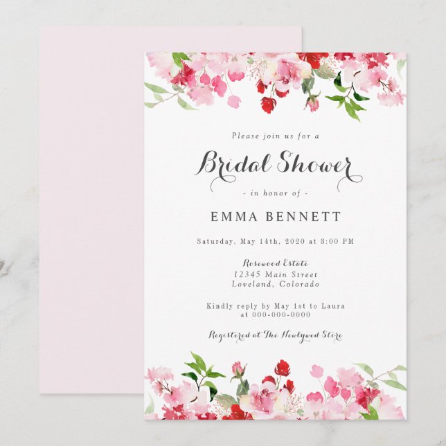 Invitation Aquarelle Floral Fête des mariées rose rouge (Devant / Derrière)