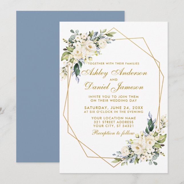 Invitation Aquarelle Floral Geo Frame Dusty Blue Mariage (Devant / Derrière)