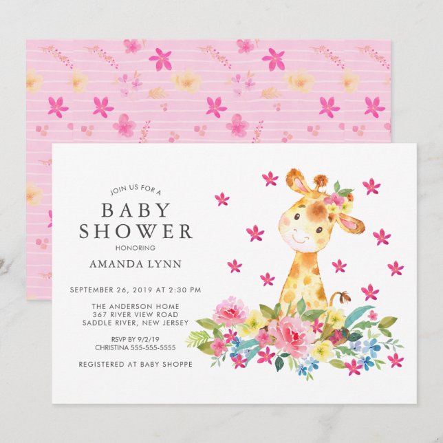Invitation Aquarelle Floral Giraffe Baby Girl Douche (Devant / Derrière)
