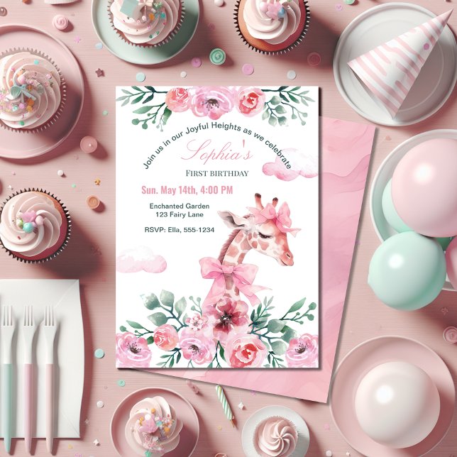 Invitation Aquarelle Floral Giraffe Ribbon Girl Anniversaire (Créateur téléchargé)