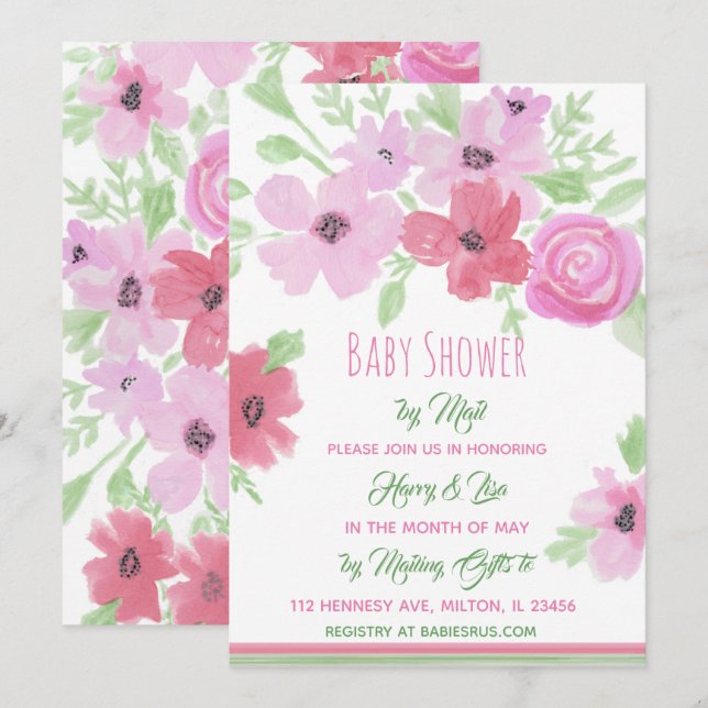 Invitation Aquarelle Floral Girl's Baby shower par Mail (Devant / Derrière)