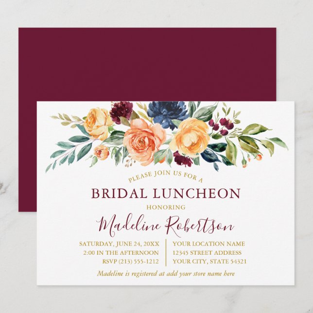 Invitation Aquarelle Floral Gold Bride Luncheon Bourgogne (Devant / Derrière)
