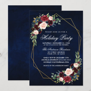Invitation Aquarelle Floral Gold Frame Fête Fête Bleu