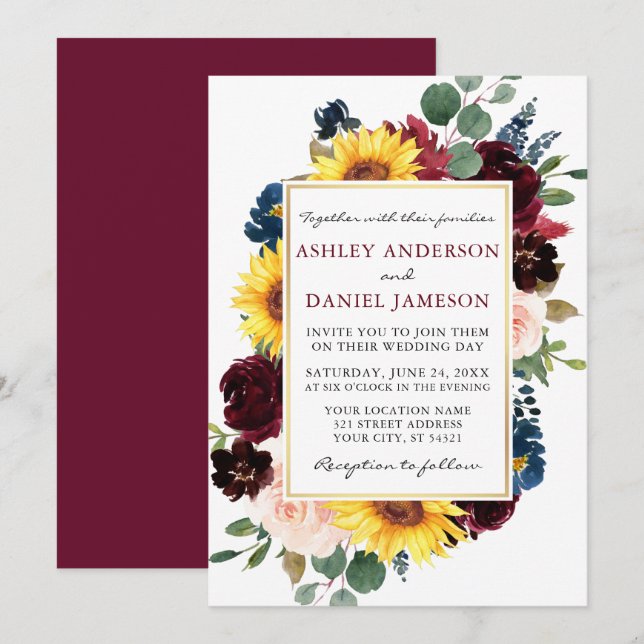 Invitation Aquarelle Floral Gold Frame Mariage Bourgogne (Devant / Derrière)