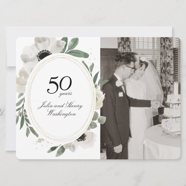 Invitation Aquarelle Floral Gold Photo 50e anniversaire (Devant)
