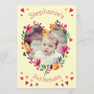 Invitation Aquarelle Floral Heart Wreath Baby 2e anniversaire