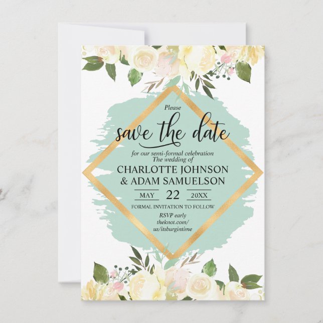 Invitation Aquarelle Floral Ivoire Mint Or (Devant)