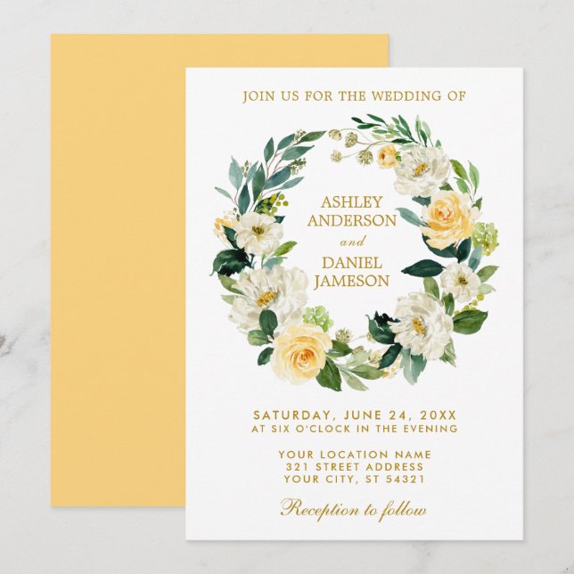 Invitation Aquarelle Floral Jaune Or Vert Mariage de couronne (Devant / Derrière)
