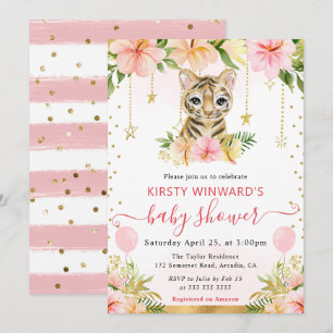 Invitation Aquarelle Floral Jungle Baby shower de tigre