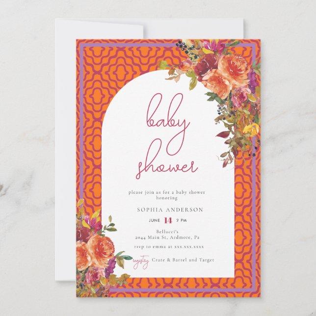Invitation Aquarelle Floral Magenta Fuchsia Baby shower (Devant)
