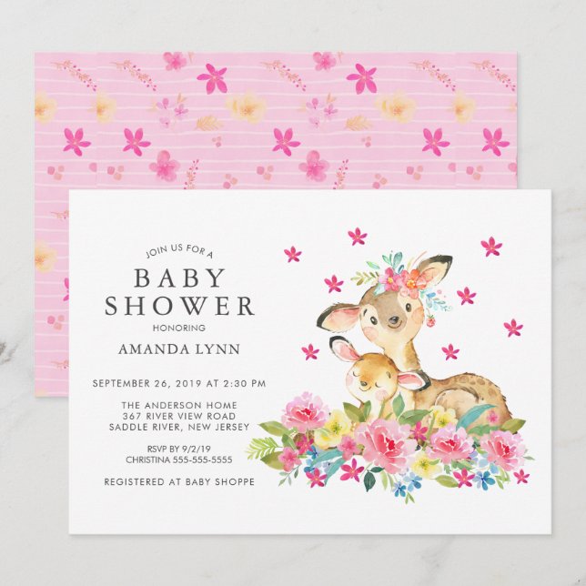 Invitation Aquarelle Floral Maman & Bébé Cerf Bébé Fille Douc (Devant / Derrière)