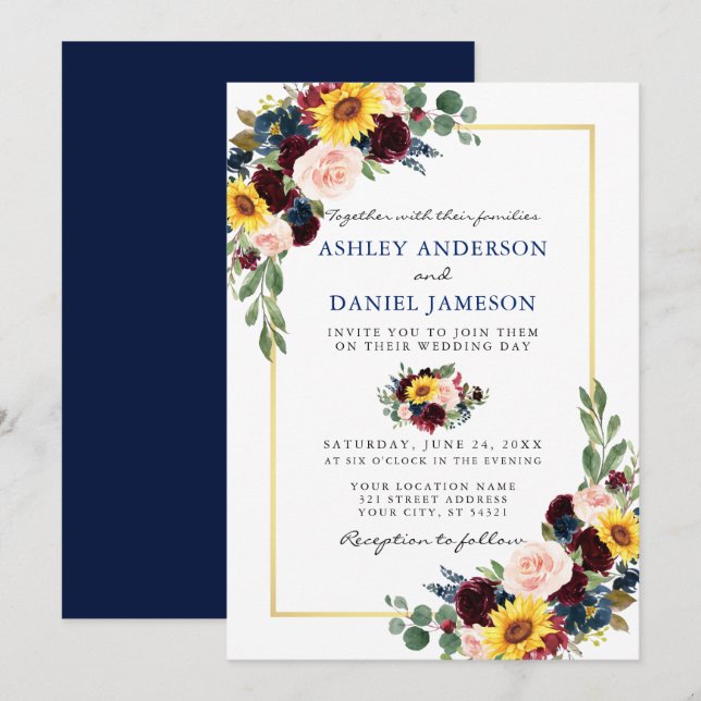 Invitation Aquarelle Floral Mariage Bleu Gold Frame (Devant / Derrière)
