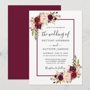 Invitation Aquarelle Floral Mariage Bourgogne Cadre