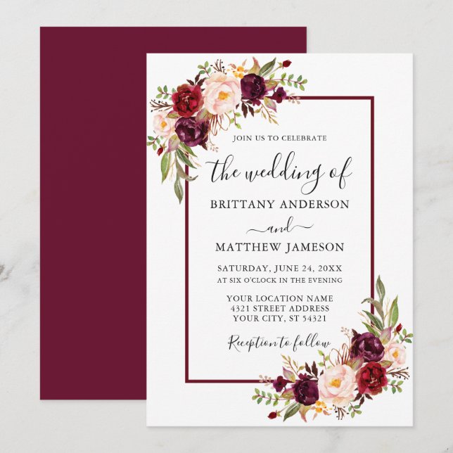 Invitation Aquarelle Floral Mariage Bourgogne Cadre (Devant / Derrière)