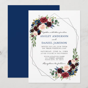 Invitation Aquarelle Floral Mariage Géométrique Argent