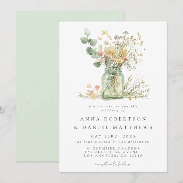 Invitation Aquarelle Floral Mason Jar Mariage (Devant / Derrière)
