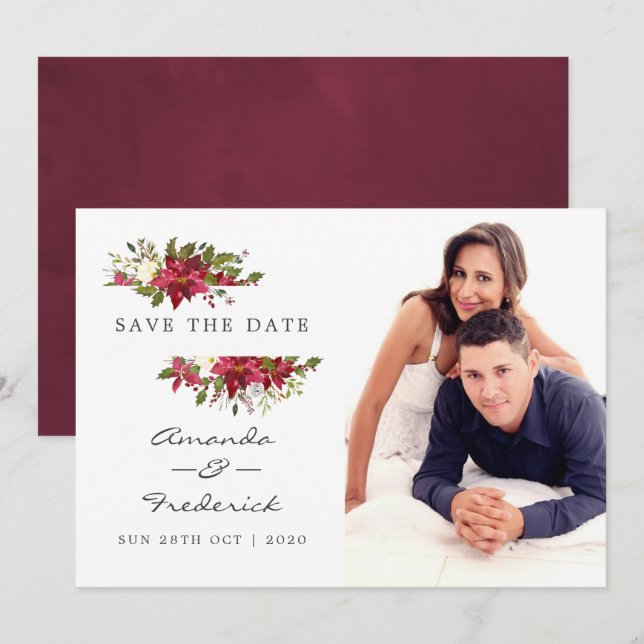 Invitation Aquarelle Floral Noël Mariage Enregistrer la date (Devant / Derrière)