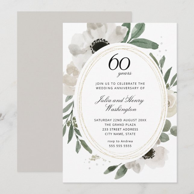 Invitation Aquarelle Floral Or 60e Anniversaire de Mariage (Devant / Derrière)