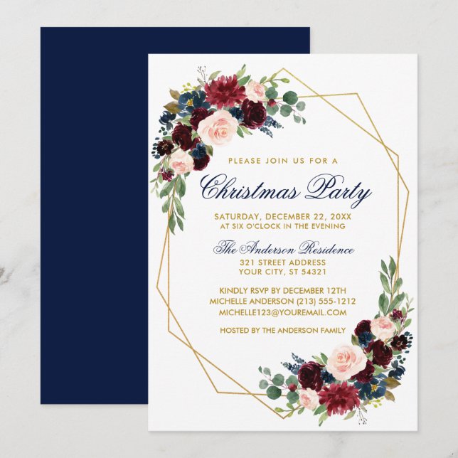 Invitation Aquarelle Floral or fête de Noël bleu (Devant / Derrière)