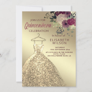 Invitation Aquarelle Floral or paillettes robe Quinceañera I