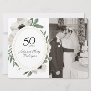 Invitation Aquarelle Floral Or Photo 50e Anniversaire en Or