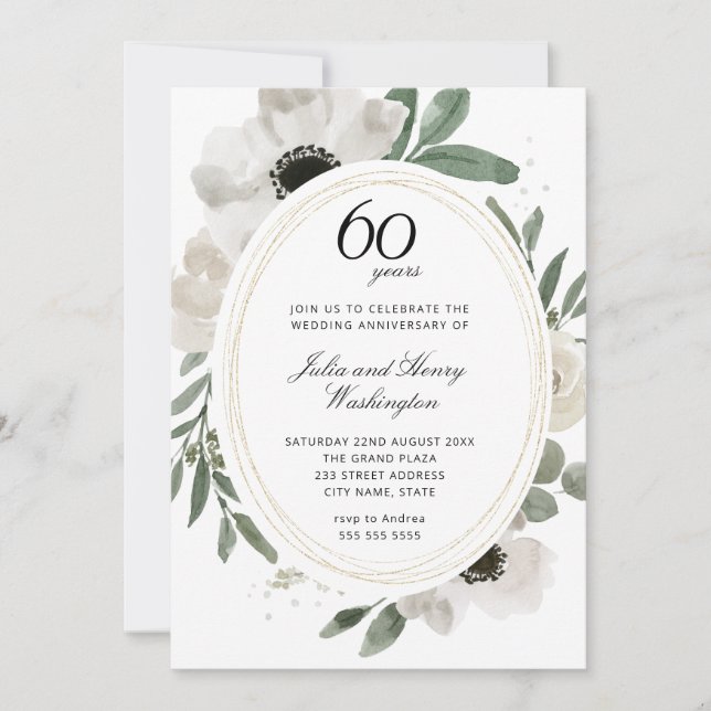 Invitation Aquarelle Floral Paillettes Or 60e Anniversaire (Devant)