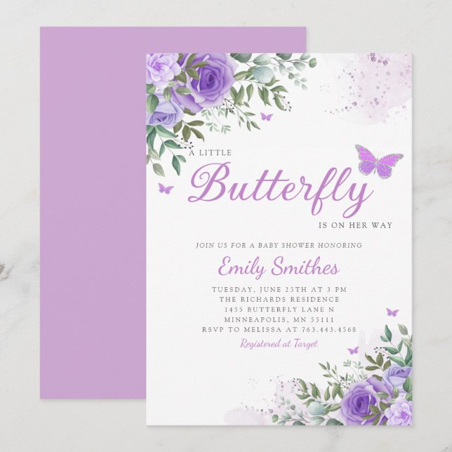 Invitation Aquarelle Floral Papillon bébé bébé bébé fille dou (Devant / Derrière)